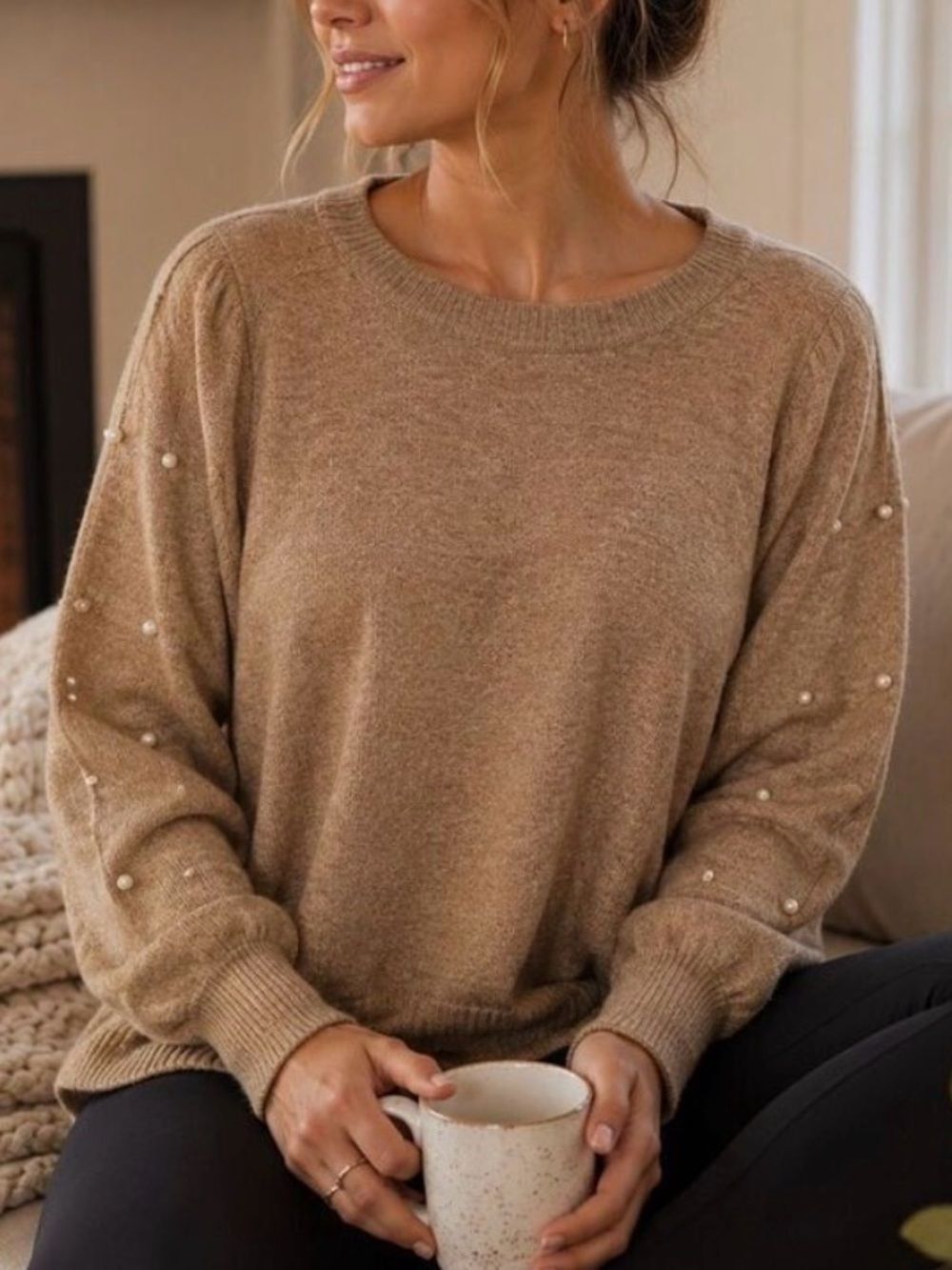 CeCe Tan Crew Neck Pearl Knit Embellished Sweater Long Balloon Sleeves S